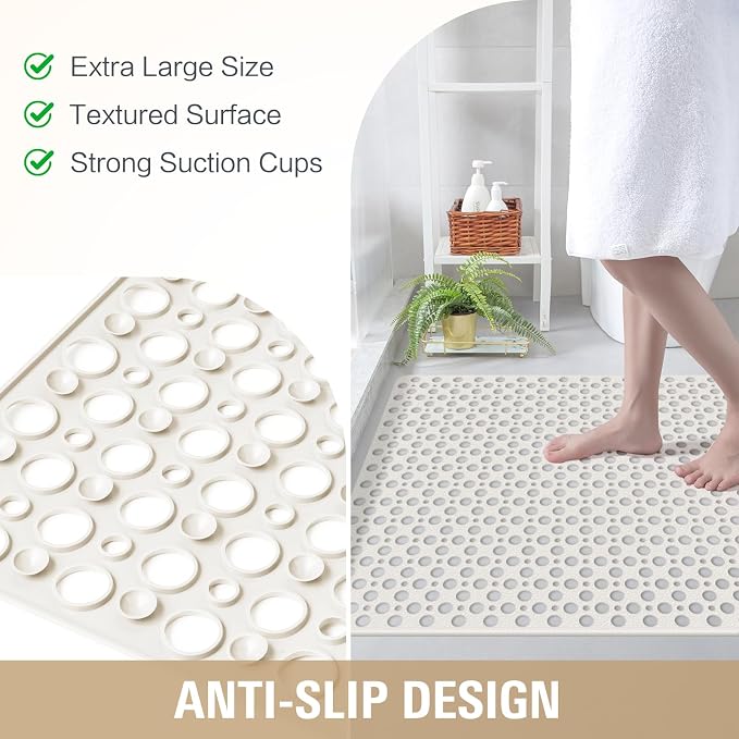 OTHWAY Large Shower Mat, 47"x 32" TPE Anti Slip Shower Mat, Heavy Bath Mats for Shower with Drain Holes Suction Cups, Shower Stall Mat for Bathroom, No Odor Shower Grip Mat for Elderly (W-White)
