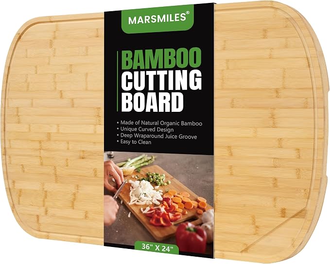 Marsmiles 36x24 Bamboo Cutting Board, Extra Large Wood Cutting Boards with Deep Juice Grooves & Back Inner Handle, Butcher Block Chopping Board with Juice Groove, Large Charcuterie Board- Natural