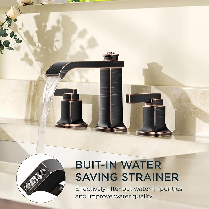FORIOUS 3 Hole Oil Rubbed Bronze Bathroom Faucet,8 Inch Widespread Bathroom Vanity Faucets with Metal Pop Up Drain, Unique Waterfall Design