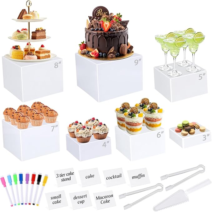 [7 Pcs] White Buffet Risers Food Risers - Dessert Table Display Set and Food Cake Stands with Table Sign and Maker,Serving Tongs,Cake Cutter for Wedding Birthday Party Decoration(Size 9" 8" 7" 6" 5" 4" 3")