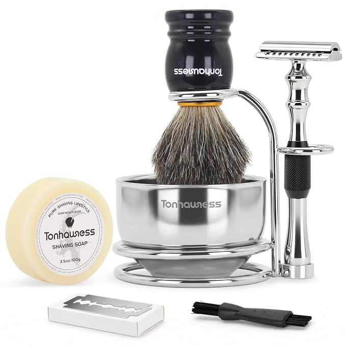 5 In 1 Manual Shaving Kit For Men Includes Badger Hair Shaving Brushes Set, Double Edge Safety Razor, Stainless Steel Shaving Bowl&Stand and Goat Milk Shaving Soap