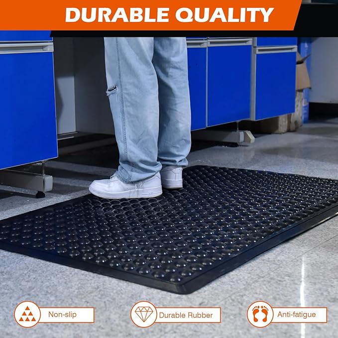 2Pack 36"x60" Black Rubber Bubble Anti-Fatigue Workplace Mat, Non-Slip Comfort Standing Floor Mat – Indoor, Outdoor, Garage, Workshop, Kitchen