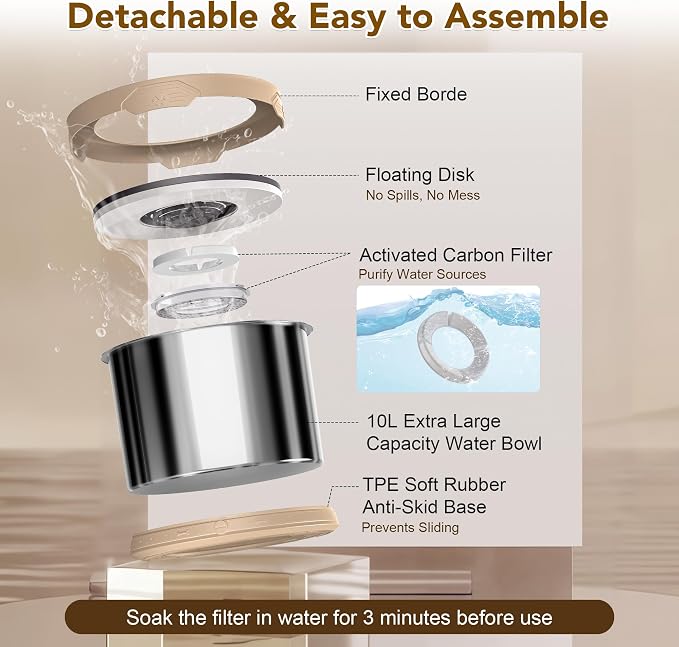 UPSKY 10L Dog Water Bowl No Spill Stainless Steel for Slow Drinking Beige | Large Capacity, Spill-proof, Non-slip Design, Durable, For Large Dogs, Messy Drinkers & Multi-pet Homes, Outdoor / Indoor
