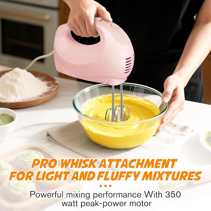 Handmixer Electric Handheld - 5 Speed Portable Kitchen Mixer Electric with 5 Stainless Steel Accessories Whisk, Food Beater for Whipping Mixing Cookies(Pink)