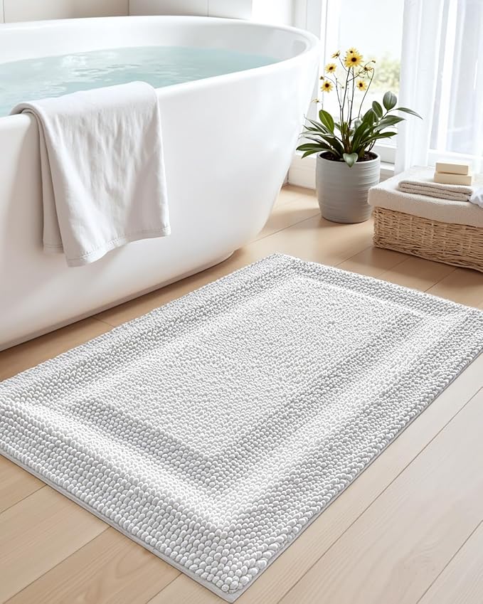 DEXI Bath Mats for Bathroom 43x24, Non Slip Washable Bathroom Rug, Thick Soft Chenille Absorbent Bathmat for Shower Floor, Fluffy Shaggy Carpet for Tub, White
