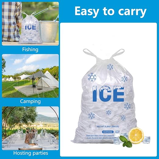 200 PACK 3 lb. Plastic Drawstring Ice Bags 9" x 15.5" Heavy-Duty | Plastic Ice Bags with Plastic Draw String (2mil Thickness)