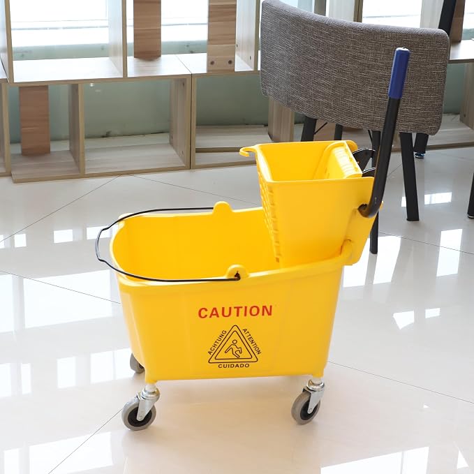 Midoneat Commercial Mop Bucket with Side Press Wringer on Wheels | 35 Quart, Yellow, Including One Commercial Mop