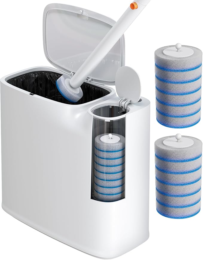 Small Bathroom Trash Can with Lid, Disposable Toilet Brush with 12 Refills, Toilet Bowl Cleaning Wand Set-2 Gallon Silm Garbage can and Toilet Brush Holder for Bathroom, Toilet, RV(White)