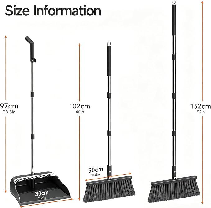 Spreezy Broom with Dustpan Combo Set, 52" Long Handle Standing Dustpan Set, Upright Dustpan with Cleaning Teeth, Indoor Outdoor Home, Office, Black-Gray
