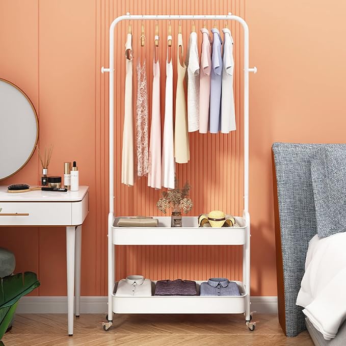 Clothing Rack, Portable Hanging Storage Organizer Garment Rack Clothing Racks with 2 Tier Basket Floor Standing Clothing Rack with Wheels for Home Bedroom Laundry (White)