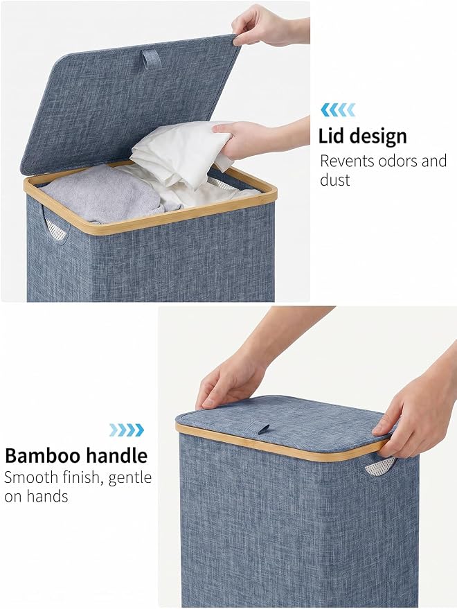 iEGrow Laundry Basket with Lid, 110L Large Laundry Hamper with Banboo Handle, Dirty Clothes Hamper with Removable Inner Bag for Laundry Room Organization- Blue