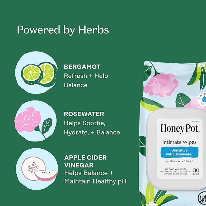 The Honey Pot Company - Feminine Wipes - Sensitive w/Rosewater Feminine Hygiene Wipes - pH Balancing, Herbal Infused Plant-Based Feminine Care for Sensitive Skin - Cleansing Wipes for Women - 30ct