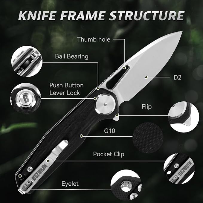 Pocket Folding Knife,3.15" D2 Steel Blade,Black G10 Handle,Push Button Lever Lock,Pocket Knife with Pocket Clip for Outdoor,Survival,EDC