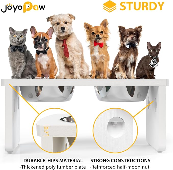 Elevated Dog Bowls, Waterproof Raised Dog Bowl for Medium Dogs, HIPS Poly Lumber Stand with 2 Stainless Steel Bowls, Indoor & Outdoor Use (7'' Tall-40 oz Bowl, White)