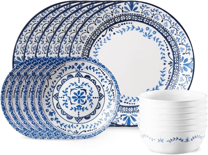 Corelle Vitrelle 18-Piece Service for 6 Dinnerware Set, Triple Layer Glass and Chip Resistant, Lightweight Round Plates and Bowls Set, Portofino