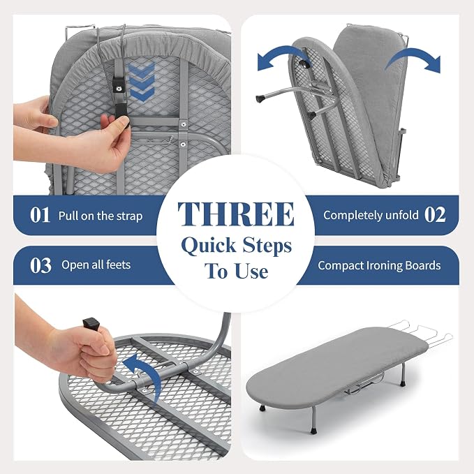 Small Ironing Board with Iron Holder, RAINHOL Countertop Mini Ironing Board Tabletop with Non-Slip Feet, Travel Foldable Iron Table for Small Space, Grey