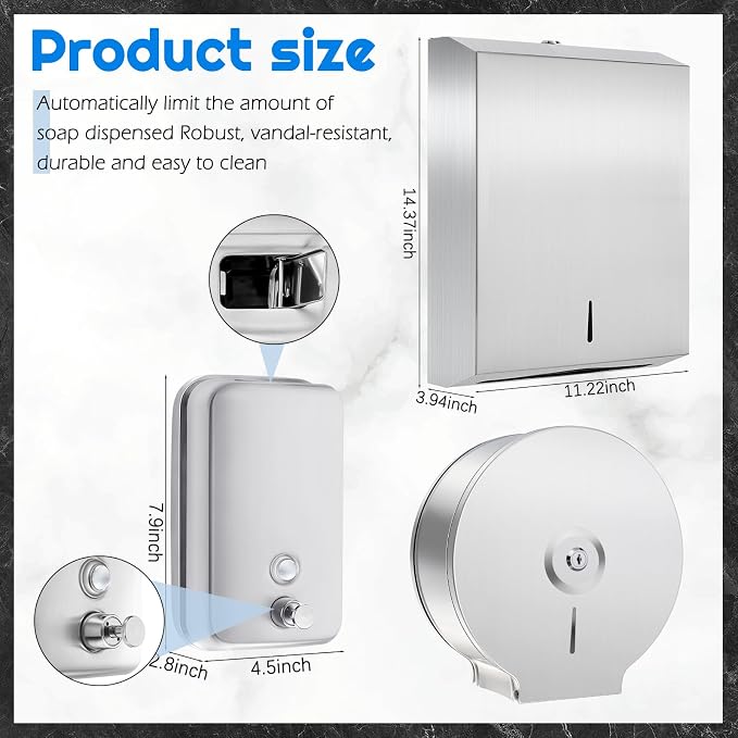 3 Pcs Commercial Toilet Paper Dispenser and Soap Dispenser Set-Stainless Steel,Wall Mount,Large Capacity Manual Liquid Pump Rust Proof Leak Free for Home Bathroom