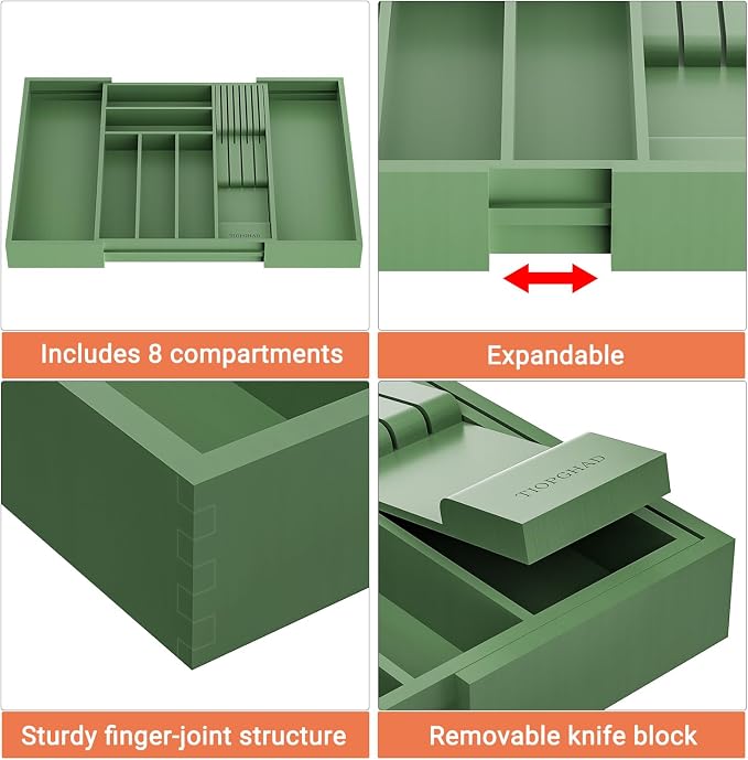 TIOPGHAD Bamboo-Silverware-Drawer-Organizer-Kitchen, Expandable Utensil Holder Cutlery Tray Flatware Organization Adjustable Wood Tableware Dividers Storage (with Removable Knife Block)(Grayish Green)