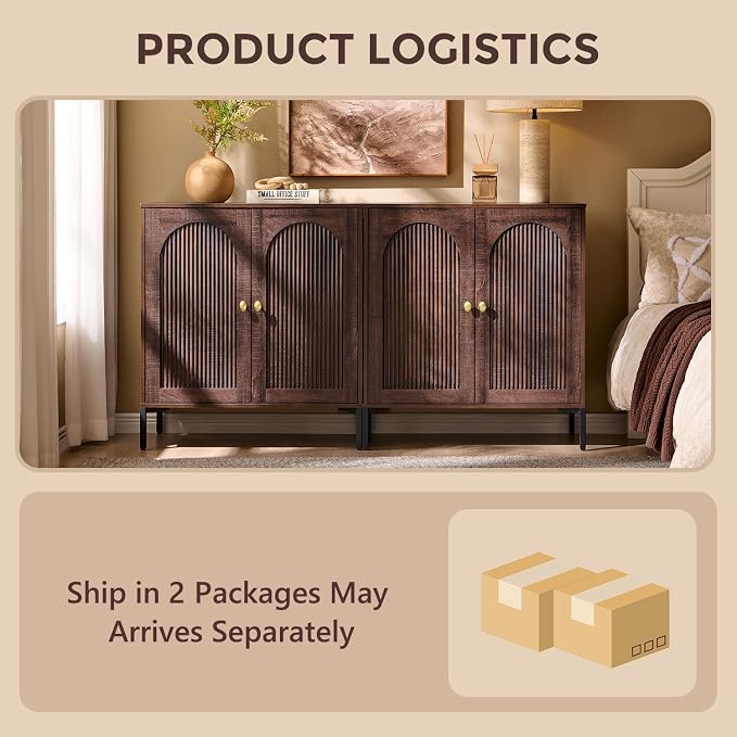 IFGET 61.75" W Modern Arched Sideboard Buffet Cabinet with Storage, Brown | Fluted Arch Sideboard Cabinet w/Adjustable Shelves, Wooden Modular Kitchen Cabinet for Dining& Living Room, Entryway
