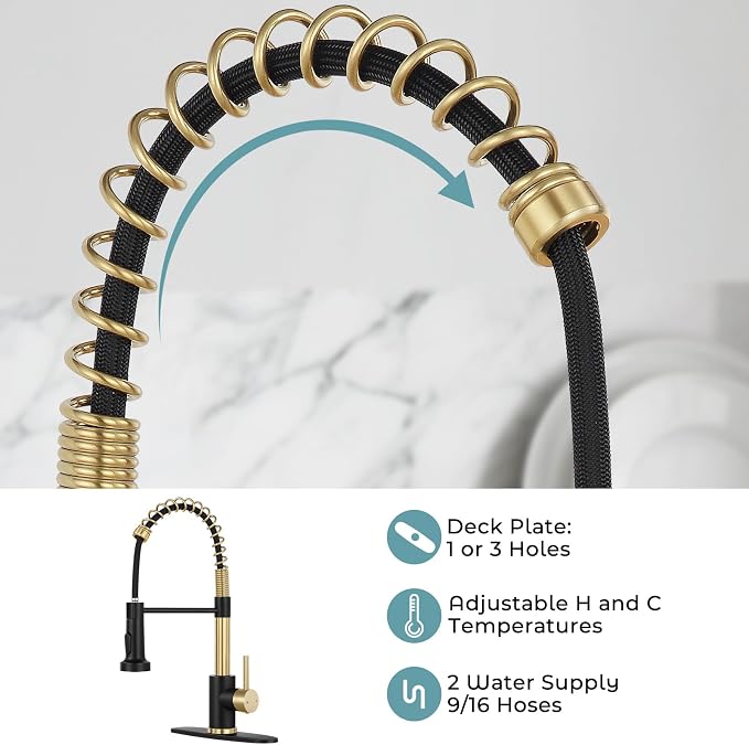 Kitchen Faucet with Pull Down Sprayer Brush Gold&Black | 2-mode sprayer, 360° high arc spout, 304 SS build, drip-free valve, fingerprint-resistant, DIY install, NSF certified