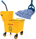 35 Quart Commercial Mop Bucket with Side Press Wringer on Wheels and 1 Industrial Mop for Floor Cleaning, Use at Home Business Area, Janitorial Supplies, Rectangular