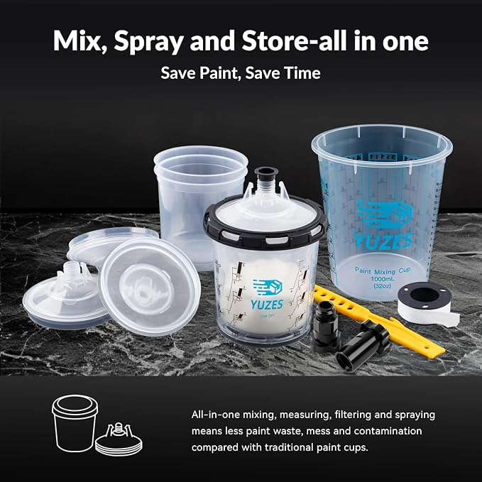 YUZES Disposable Paint Cups 20 oz, 40-Pack Paint Cups with Lids 125-Micron | 2 Paint Mixing Cups 32oz, 2 Hard Cups & 2 Adapters for LVLP / HVLP Spray Gun 360° Spray & Less Cleanup