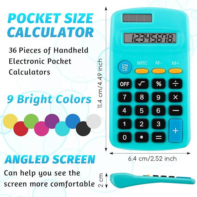 36 Pieces Solar Calculators Bulk - Mini Pocket Calculator for Students, Basic 8-Digit Dual Power (Solar & Battery), Colorful Classroom Supplies for Teachers, School Gifts for Students
