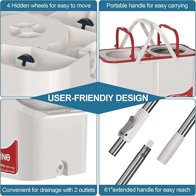 RinseWise Large Gen 1 Mop Bucket Set, Clean/Dirty Water Separation | 2 Gal Clean-Water Capacity, 4 Swivel Wheels, 61-Inch Handle, 6 Reusable Heads, For Pet Homes,Hardwood,Laminate & Tile Floors