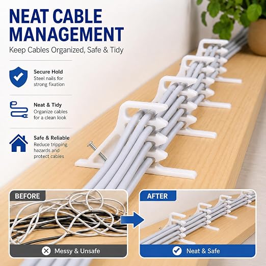 200 Pcs Multi-Cable Staples, Cable Stackers with Steel Nails Compatible with Romex NM Cable Coaxial, CAT5 CAT6 Data Cable, Electrical Wire Clip for Wood Studs In-Wall Wiring and Cable Management White