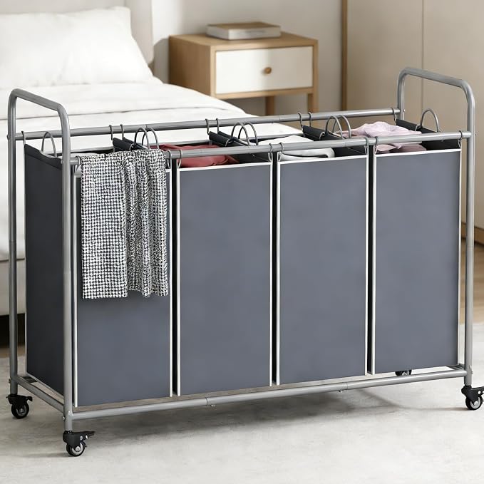 LINZINAR 4 Section Laundry Hamper, Grey Laundry Basket, 180L Laundry Sorter | Laundry Room Organization with Heavy Duty Rolling Lockable Wheels and Removable Bag, Bedroom Laundry Cart for Clothes Storage
