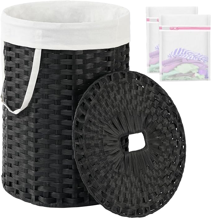 SETVSON Laundry Hamper with Lid 23.8 Gal Handwoven Laundry Basket Black | The lid hides dirty clothes, keeping spaces neat and fresh. 90 L Large Capacity, Stylish Design with Handles Easy Transport