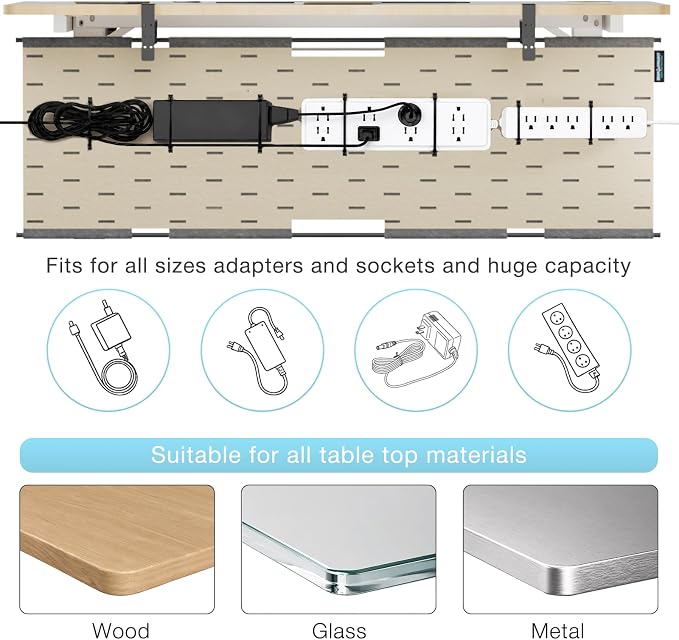 No Drill Under Desk Cable Management Tray, 45.2" Felt Cord Organizer | Convertible Cable Tray & Privacy Panel, Clamp or Screw Mount, Pegboard Wire Management, Dual-Layer Felt, Standing Desk