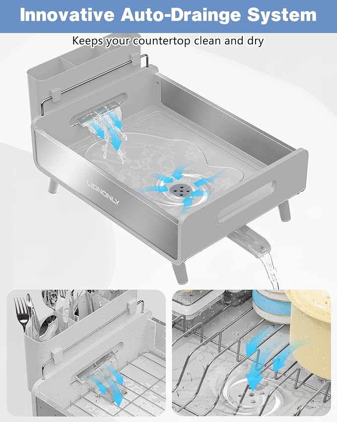 Dish Drying Rack, Thicker Premium Aluminum Frame and 304 Stainless Steel Plate Rack for Kitchen Counter, Automatic Drainage Spout, Dish Drainer & Drainboard Set with Utensil Holder, White