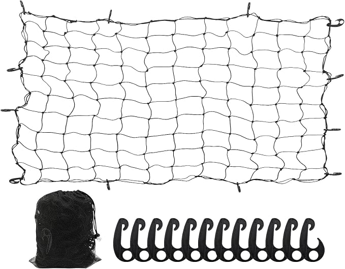 6' x 5' Heavy Duty Bungee Cargo Net Stretches to 12' x 10' -Latex Truck Bed Mesh with 12Pcs Free Adjustable Hooks for The Secure Carrying on Roof Luggage Rack,Cargo Carrier and Pickup Truck Bed