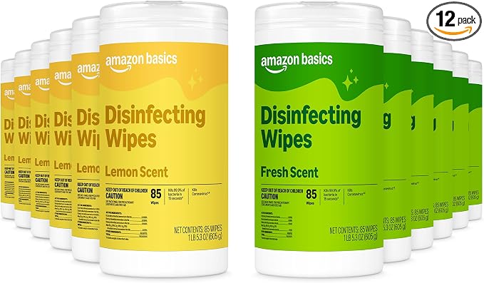Amazon Basics Disinfecting Wipes, Lemon & Fresh Scent, Sanitizes, Cleans, Disinfects, Deodorizes, 340 Count (12 Packs of 85), Packaging May Vary