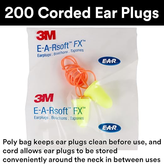 3M Ear Plugs, 200 Pairs/Box, E-A-Rsoft FX 312-1260, Corded, Disposable Foam Earplugs, Noise Reduction Rating NRR 33, Drilling, Grinding, Machining, Sawing, Sanding, Welding, 1 Pair per Poly Bag
