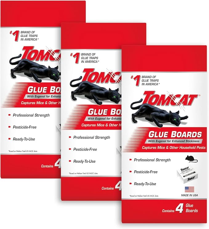 Tomcat Glue Boards with Immediate Grip Glue for Mice, Cockroaches, and Insects, Ready-to-Use, 3-Pack (12 Glue Boards)