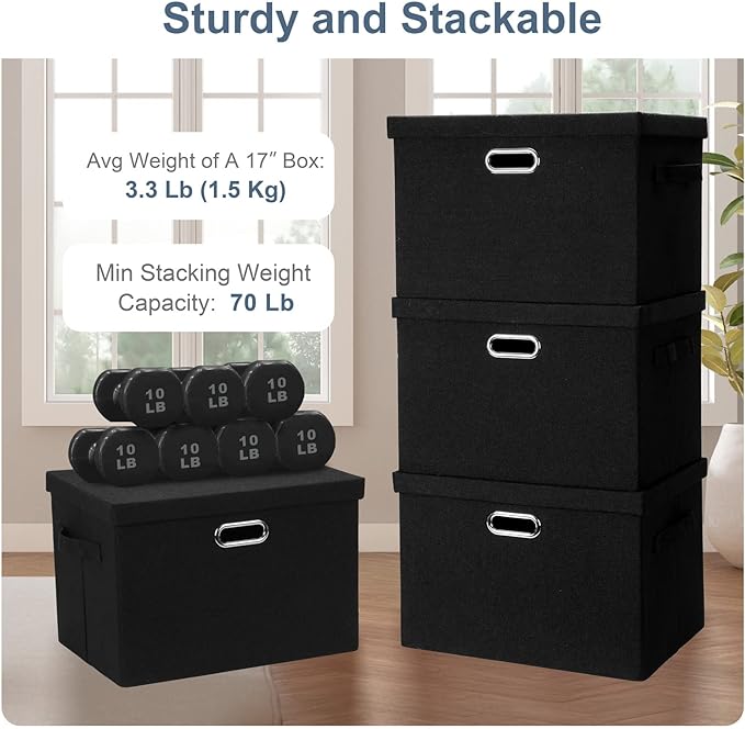 Graciadeco Large 17" 36 Quart Collapsible Stackable Storage Bins with Lids, 1 Pack Black Foldable Fabric Closet Storage Boxes with Lids, 4 Handles Heavy-duty Linen Cube Baskets for Bedroom