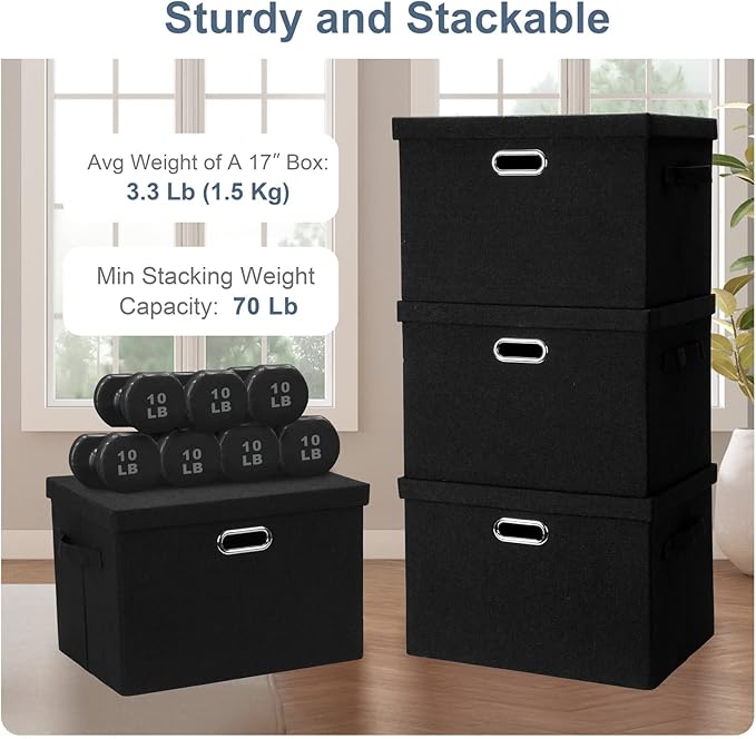 Graciadeco Large 17" 36 Quart Collapsible Stackable Storage Bins with Lids, 5 Packs Black Linen Fabric Closet Boxes with Lids, Storage Cube Baskets Container Organizers for Bedroom Office(17 x12 x11)