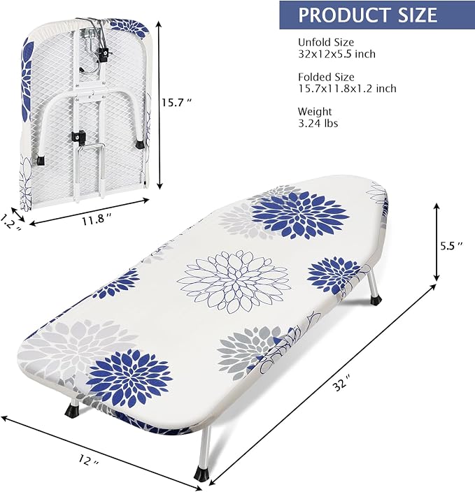 SheeChung Small Ironing Board 12"x32",Mini Tabletop Ironing Board,Foldable | Non-Slip Feet,Heat Resistant Cover & Padding,Hook for Hanging,Portable Iron Board,,Fit for Dorm Household Laundry Apartment