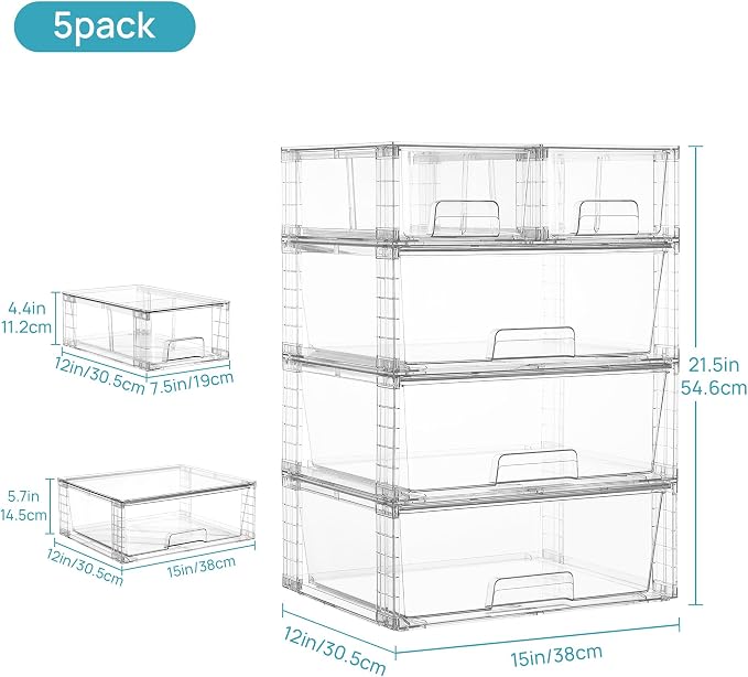 Vtopmart 5 Pack Stackable Storage Drawers, Easily Assemble Clear Plastic Organizer Bins, 3 Wide Drawers and 2 Small Drawers for Pantry, Kitchen Cabinet, Bathroom, Closet Organization and Storage