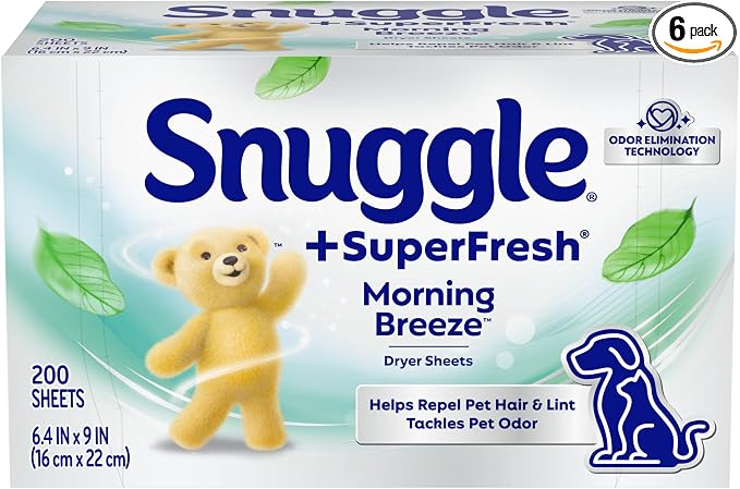 Snuggle SuperFresh Fabric Softener Dryer Sheets, Morning Breeze, Long-Lasting Fresh&Clean Scent, Tackles Pet Odor, Helps Repel Pet Hair, Reduces Static&Fights Wrinkles, HE Safe,200 Count (Pack of 6)