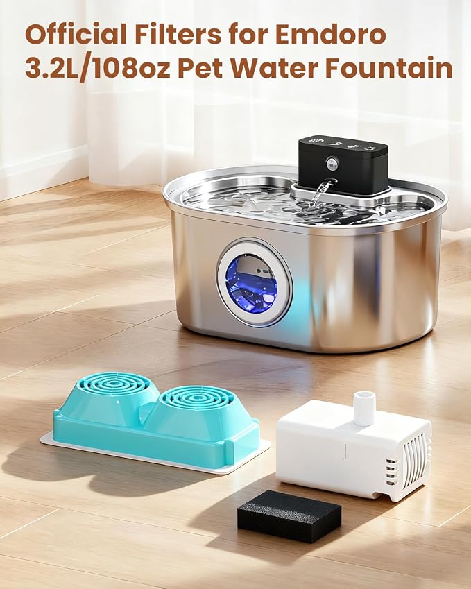 Official Replacement Filters for 3.2L/108oz Cordless Cat Fountain | 12 Pack Replacement Filters & Sponges - Multi-Layer Filtration - Easy Replacement for Emdoro Cordless Pet Fountain