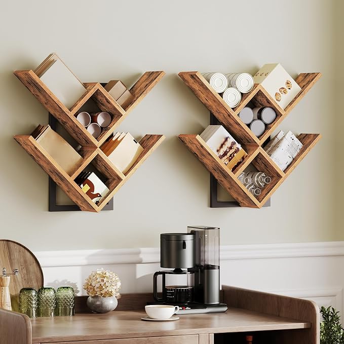 HOOBRO Floating Shelves for Wall, Set of 2 Wall Mounted Shelves, 2-Tier Wooden Tree Bookshelf, Hanging Shelves Storage Rack, for Living Room, Kitchen, Office, Rustic Brown and Black BF54BJP201