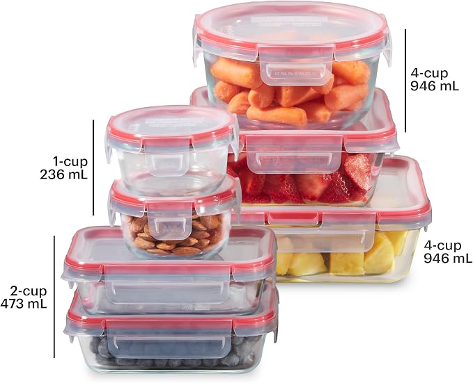 Pyrex Freshlock (7-Pack) Glass Food Storage Containers Set, (1, 2, 4 Cups) Airtight & Leakproof Plastic Locking Lids BPA-Free, Meal Prep Containers Set, Freezer Dishwasher Microwave Safe | Meal prep containers with airtight locking lids, freezer, dishw...