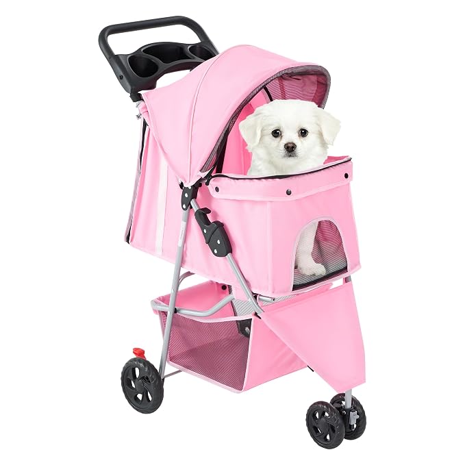 DUMOS 3 Wheels Pet Stroller for Small Dogs and Cats – Foldable Dog Stroller with Mesh Windows, Storage Basket & Cup Holder, Lightweight & Durable Pet Carrier for Travel, Outdoor Use – Pink