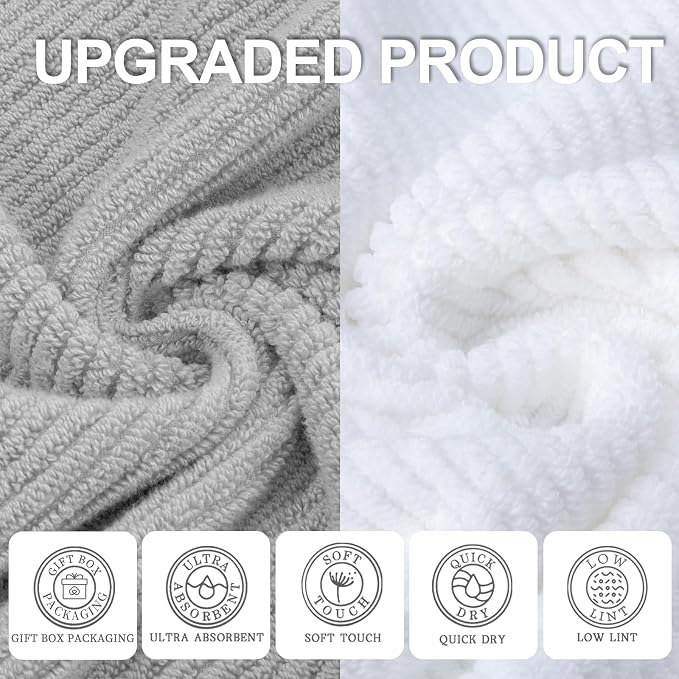 VOOVA & MOVAS 6PC Towel Set, 100% Cotton, Grey White | 2 Large Bath Towels 30x56 In, 2 Hand Towels 18x28 In, 2 Washcloths 13x13 In, Soft, Quick Dry, Bathroom Essentials