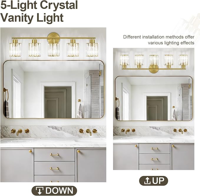 Crystal Bathroom Light Fixtures,Bathroom Lighting Fixtures Over Mirror, Modern 5-Light Gold Vanity Lights for Mirror, Restroom,Kitchen(Ceramic E26 Socket,Bulbs Not Include)