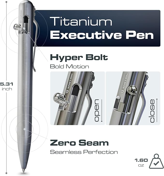 BASTION Bolt Action Pen, Titanium Silver, HyperBolt & ZeroSeam EDC Pen, Refillable Titanium Writing Pen, Premium Graduation Gift, Flagship Executive Pocket Pen