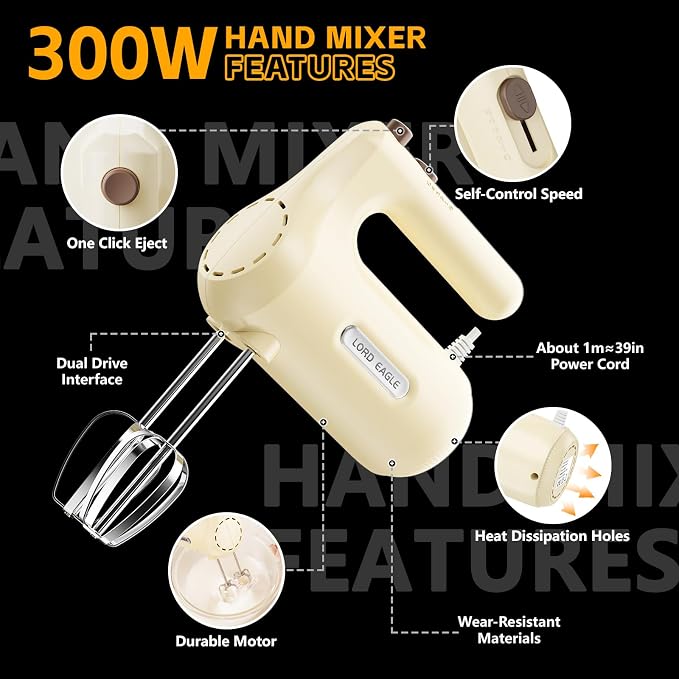 Lord Eagle 5-Speed Hand Mixer Electric, 300W Compact Handheld Mixer, Portable Kitchen Egg Beater with 5 Attachments & Storage Bag, Cake Supplies for Bread Dough Baking, Lightweight, Cream